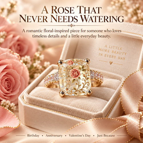 Vintage Rose Floral Statement Ring with Gold-Tone Band