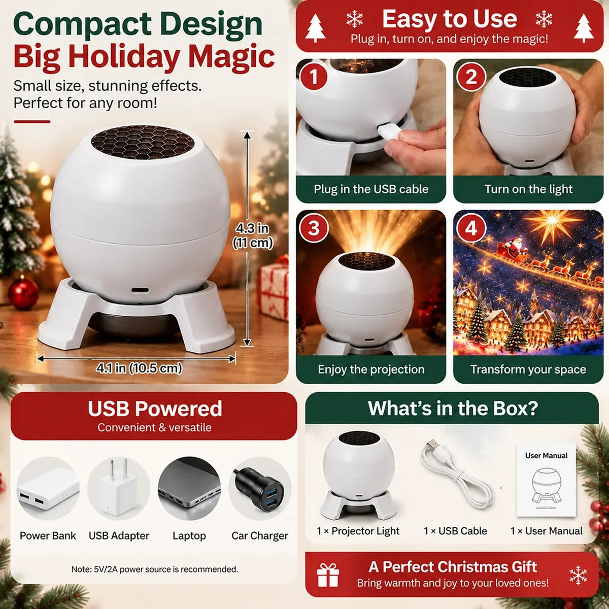🎄 Magical Christmas Projection Night Light – Transform Any Room Into A Holiday Wonderland