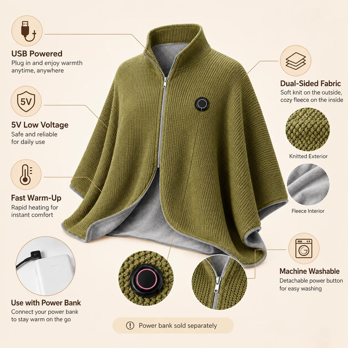 Wearable Heated Shawl 3 Heat Levels Portable Thermal Wrap