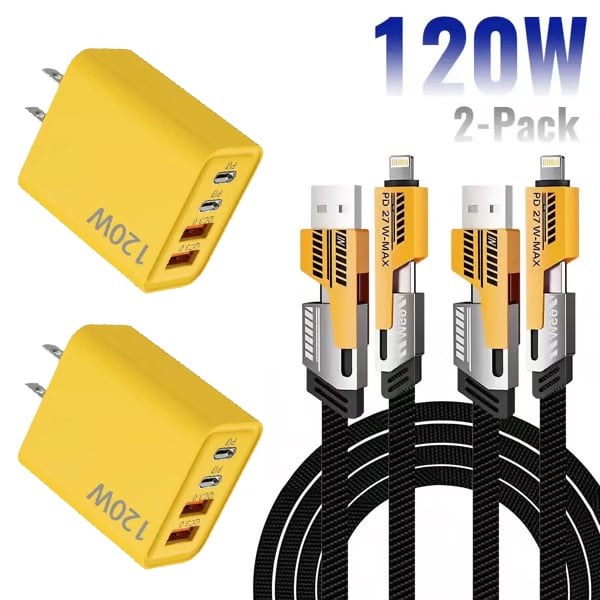🔋🔥Portable Fast Charger, Type C/USB A Dual Ports Adapter,4 in 1 Fast Charging Cable & Data Sync⚡⚡
