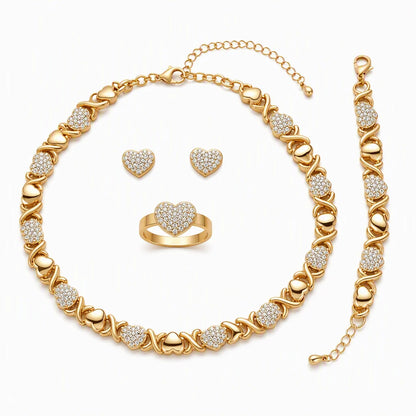 💎 49% Off! ✨ Gold Plated Heart Shaped Rhinestone Jewelry 4-piece Set – Necklace, Earrings, Bracelet & Ring – Brilliant Crystal Shimmer For Red-carpet Elegance 💛