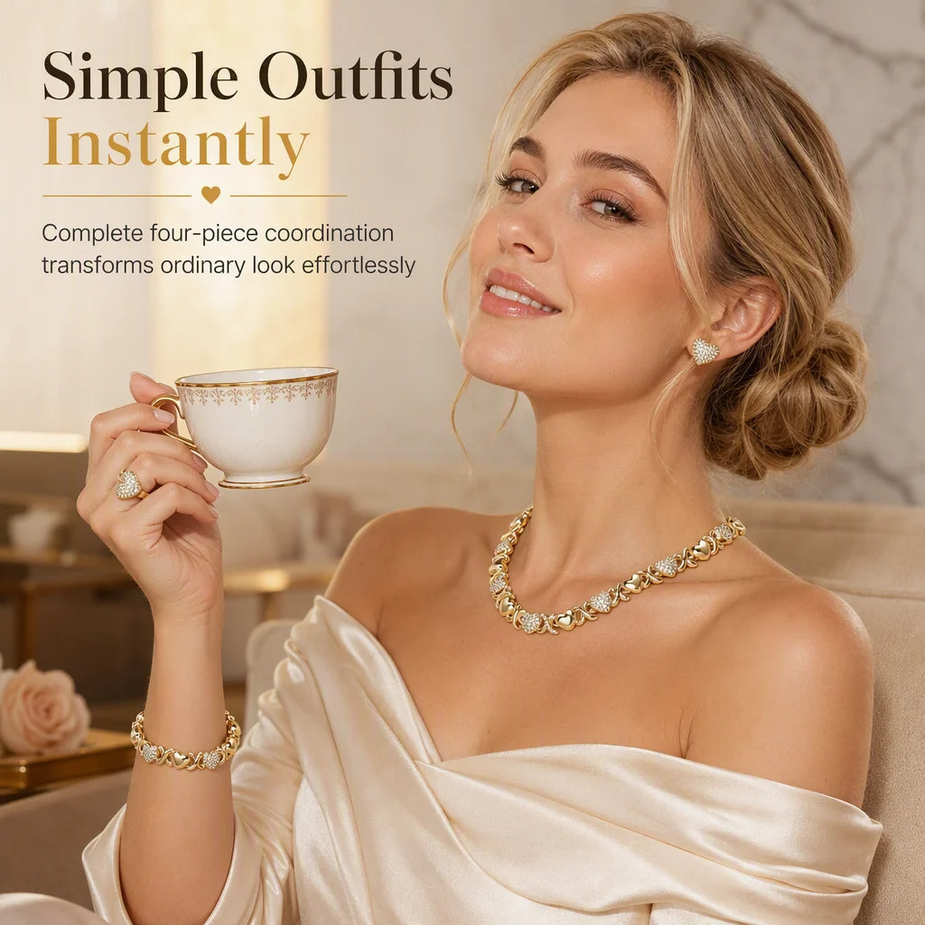 💎 49% Off! ✨ Gold Plated Heart Shaped Rhinestone Jewelry 4-piece Set – Necklace, Earrings, Bracelet & Ring – Brilliant Crystal Shimmer For Red-carpet Elegance 💛