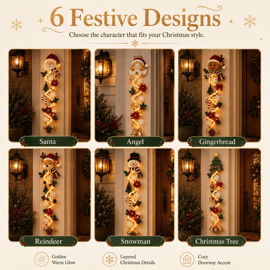🎄Christmas Door Hanger | 6 Festive Lighted Designs with Warm Glow, Dimensional Details & Space-Saving Vertical Décor ✨