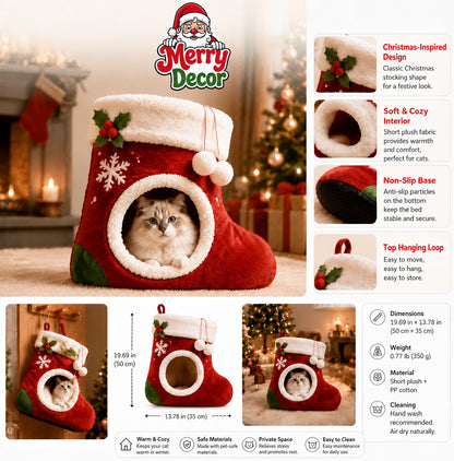 🎄 Christmas Stocking Cat Bed – Ultra-Soft Sherpa Cozy Hideaway for Cats 🐱