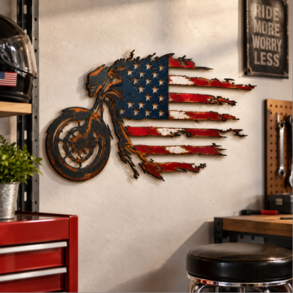 Patriotic Motorcycle American Flag Metal Wall Art