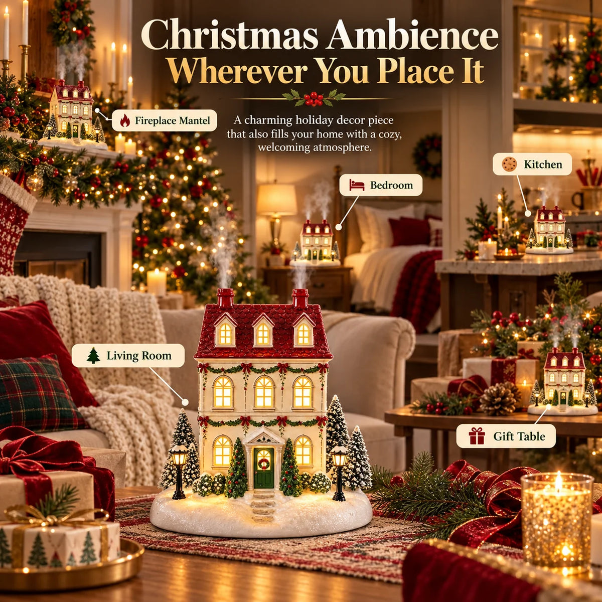 🔥 Christmas House Aroma Diffuser – Warm Light & Gentle Mist Holiday Decor🎄