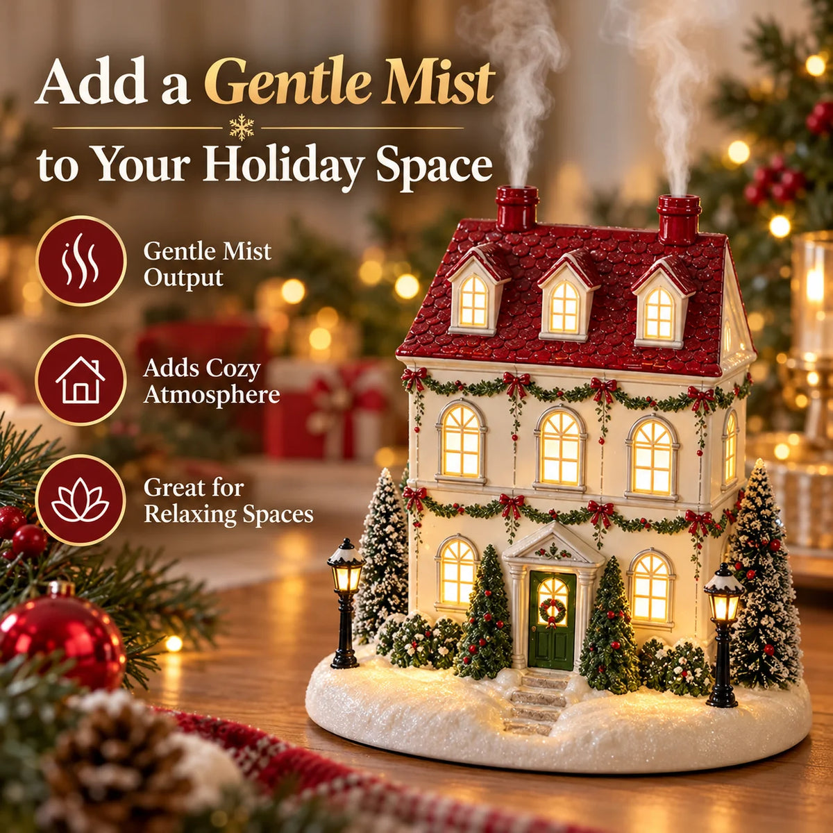🔥 Christmas House Aroma Diffuser – Warm Light & Gentle Mist Holiday Decor🎄