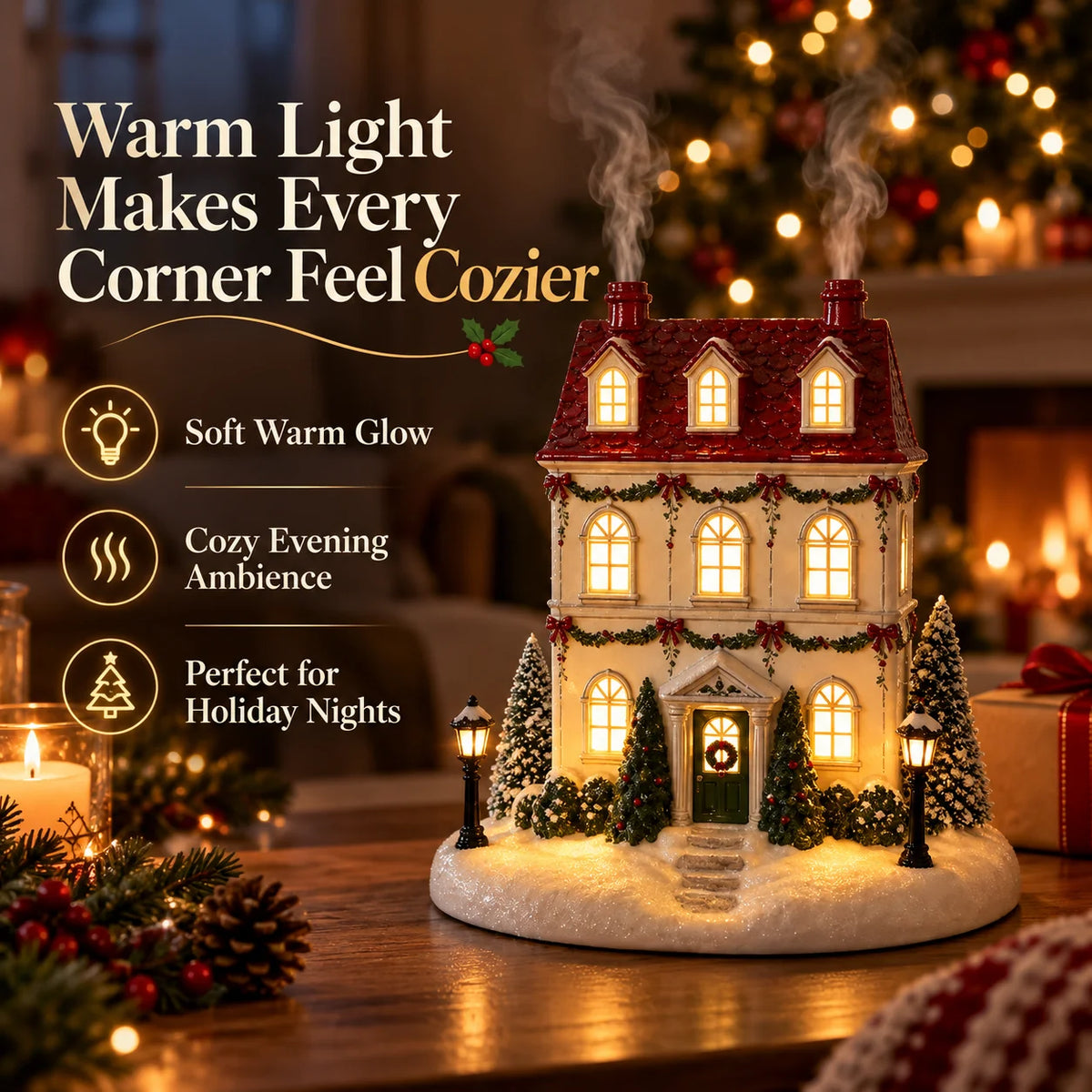 🔥 Christmas House Aroma Diffuser – Warm Light & Gentle Mist Holiday Decor🎄