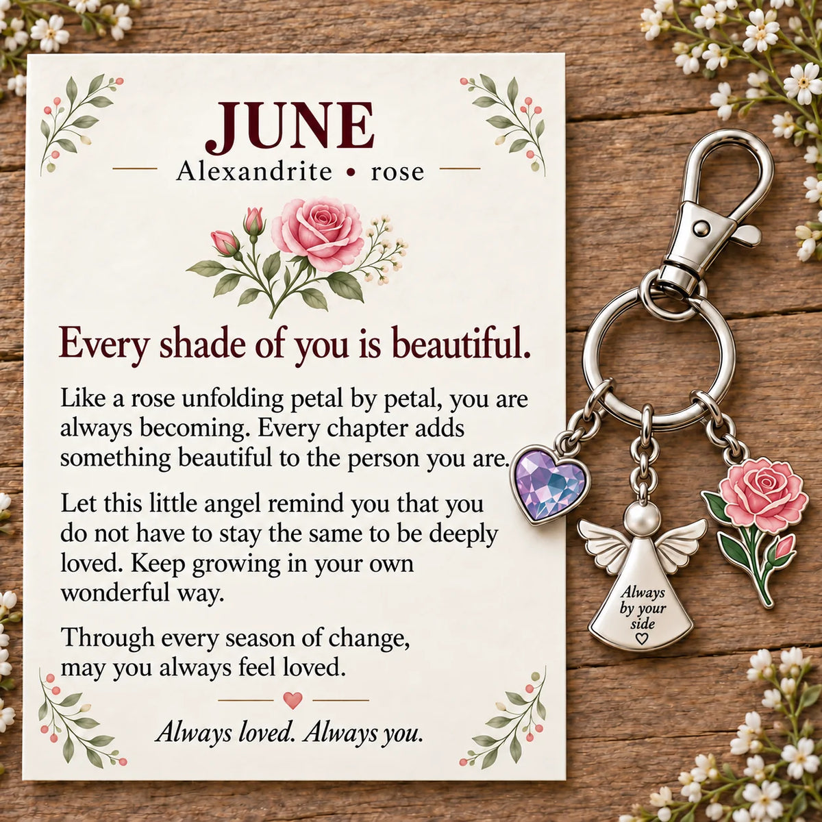 ⏳ Last Day 49% OFF —👼 Always By Your Side: Birth Month Angel & Flower Keychain + Keepsake Card 🌸