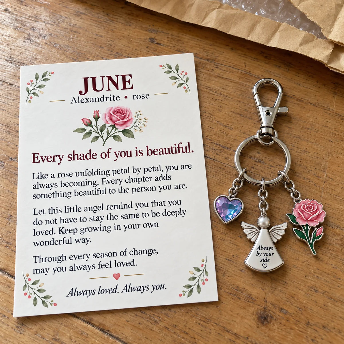 ⏳ Last Day 49% OFF —👼 Always By Your Side: Birth Month Angel & Flower Keychain + Keepsake Card 🌸