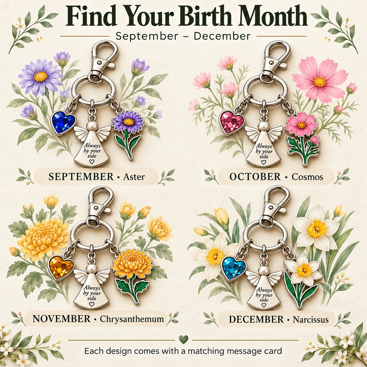 ⏳ Last Day 49% OFF —👼 Always By Your Side: Birth Month Angel & Flower Keychain + Keepsake Card 🌸