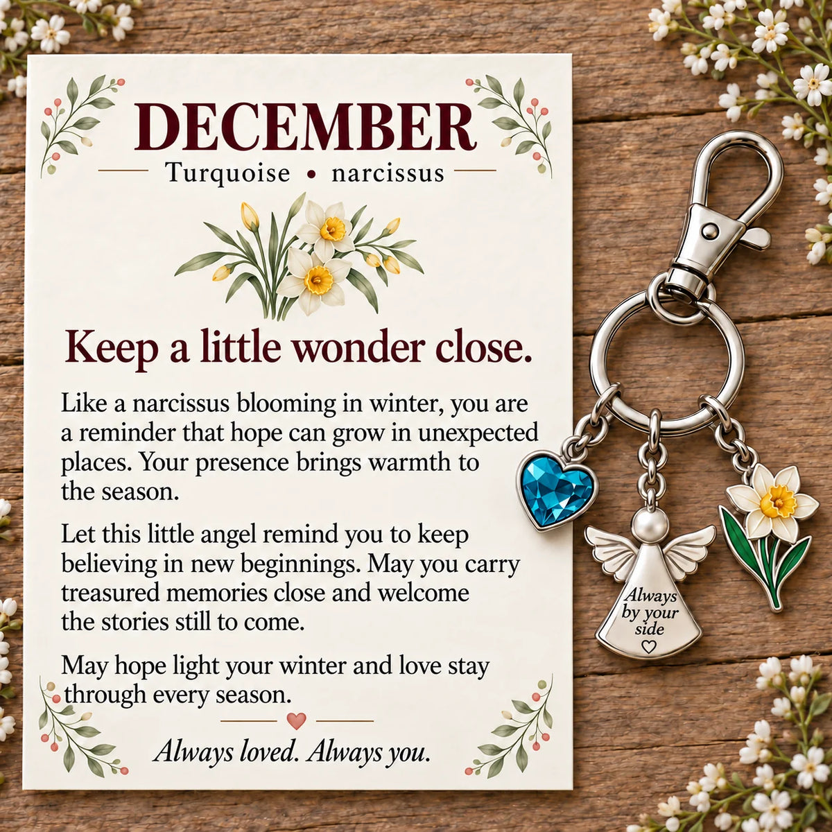 ⏳ Last Day 49% OFF —👼 Always By Your Side: Birth Month Angel & Flower Keychain + Keepsake Card 🌸