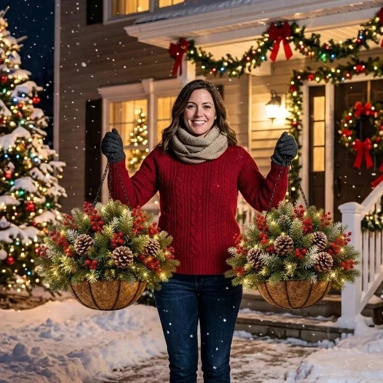 🎄🏆 Pre-Lit Christmas Hanging Basket | Pre-lit, weather-resistant, and zero maintenance🏆
