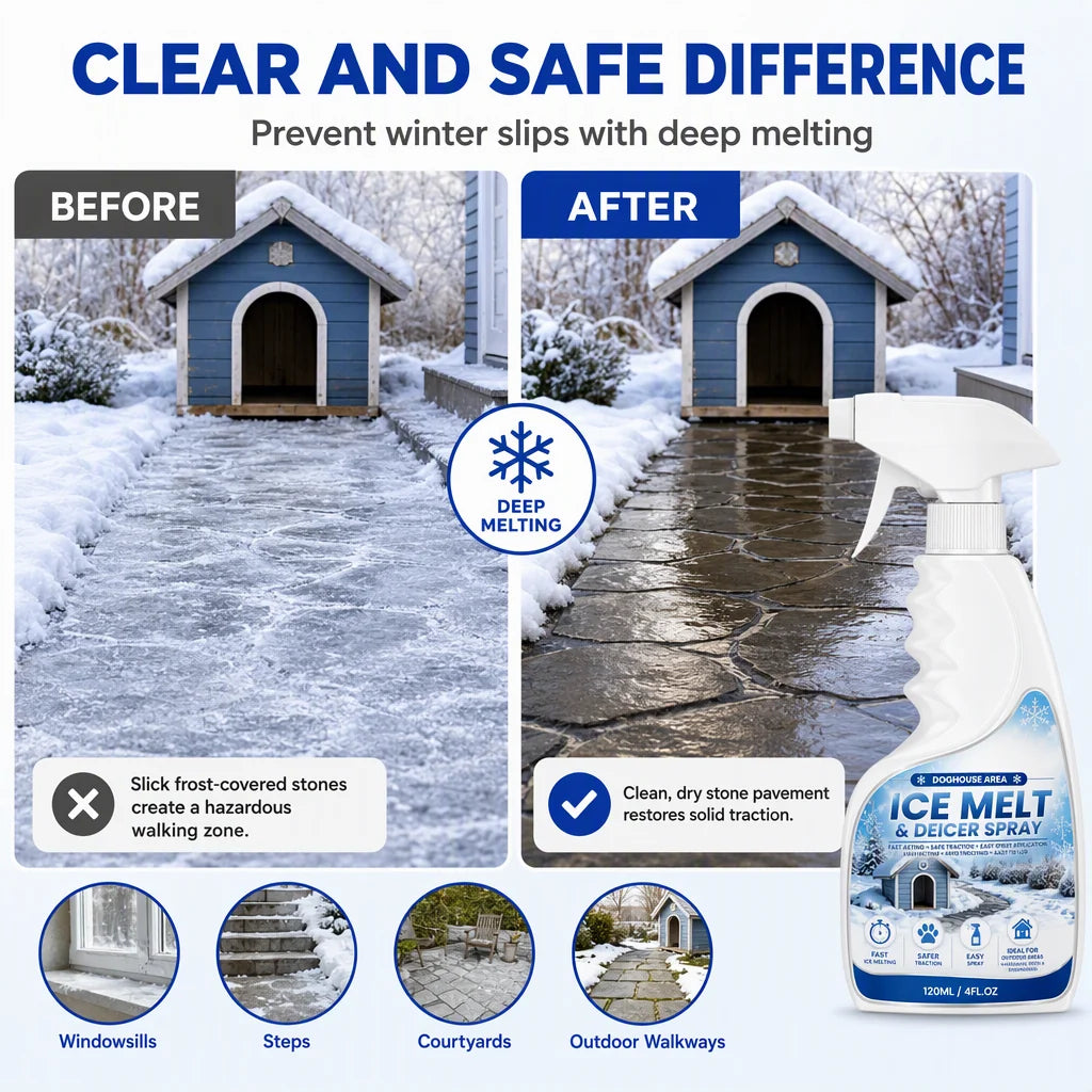 Outdoor De-Icing & Snow Melting Spray – pet-safe, dissolves frost on contact. Clear steps, walkways & patios fast! 🛡️✅