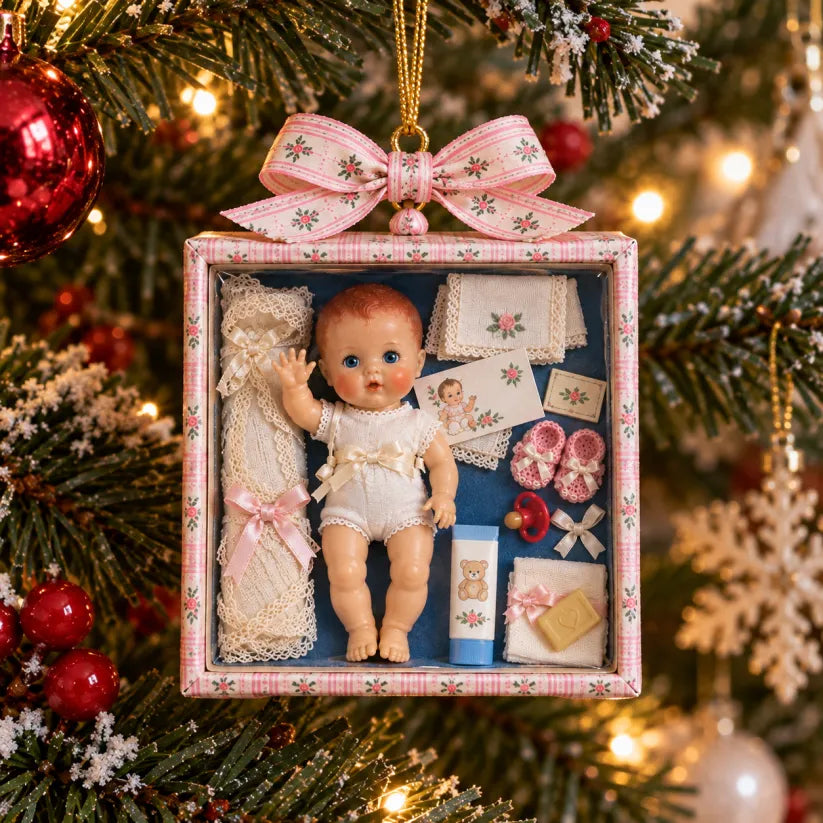 🎄🎁Vintage Baby Doll Gift Box Christmas Ornament – Nostalgic Keepsake | A Heartwarming Christmas Gift for Doll Lovers, Moms & Grandmas.
