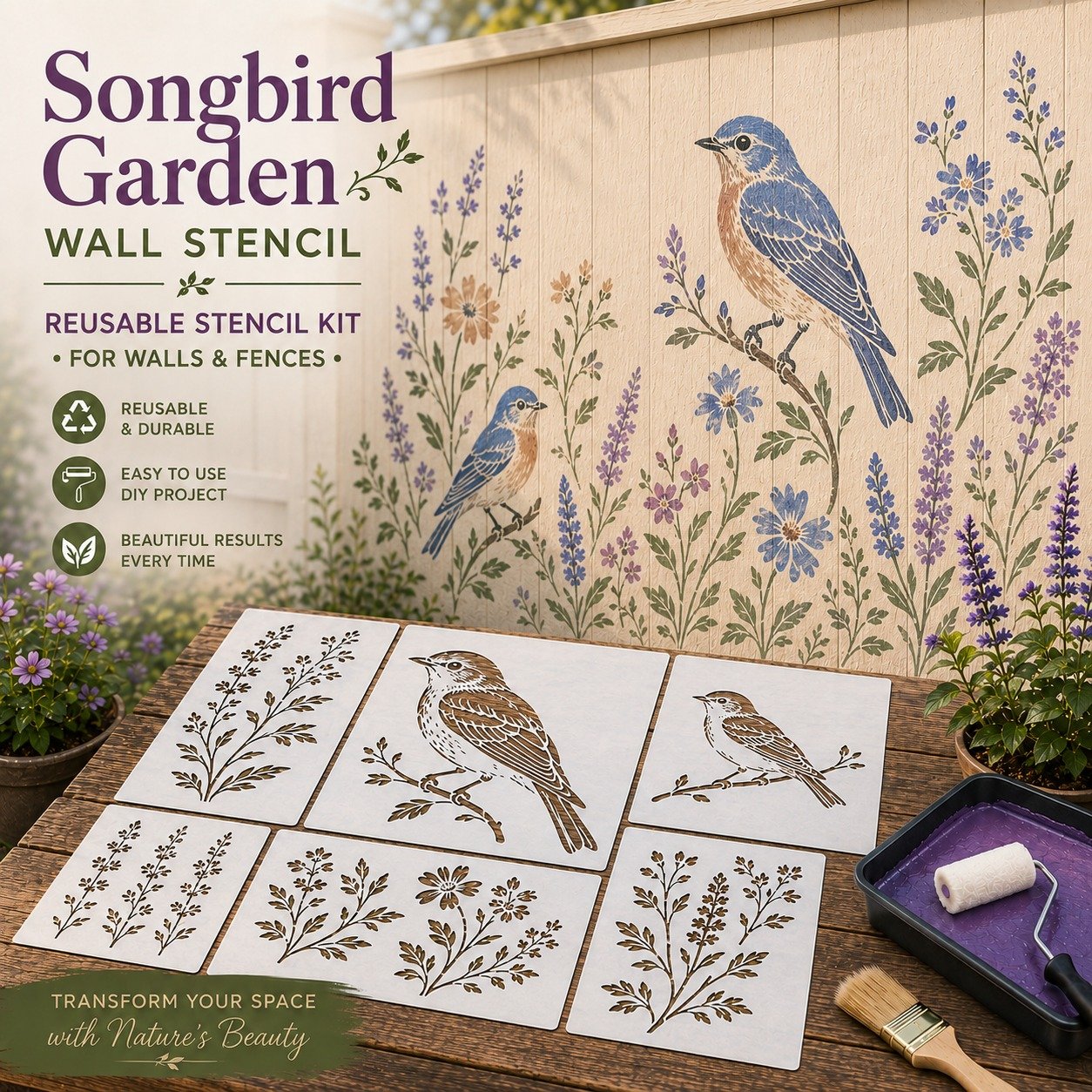 🔥Last Day 50% OFF - 🌿Garden Bloom Wall Stencil Kit | DIY Garden Painting Templates for Every Space