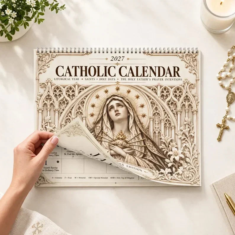 ✝️✨ 2027 Catholic Liturgical Wall Calendar – Gothic Sacred Art & Saints
