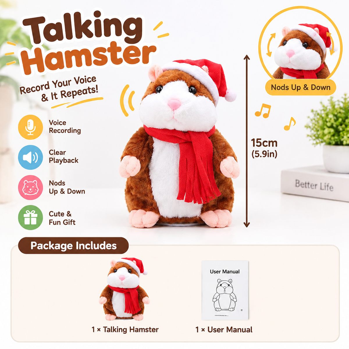 🐹✨Talking Hamster Plush – repeats whatever you say, auto head-shaking, hilarious fun for kids & adults.🎁