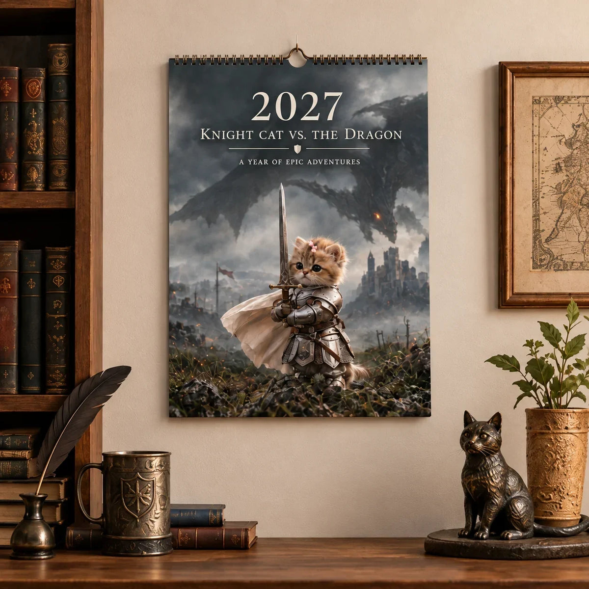 🐱 2027 Knight Cat vs. The Dragon Wall Calendar | 12 Fantasy Scenes
