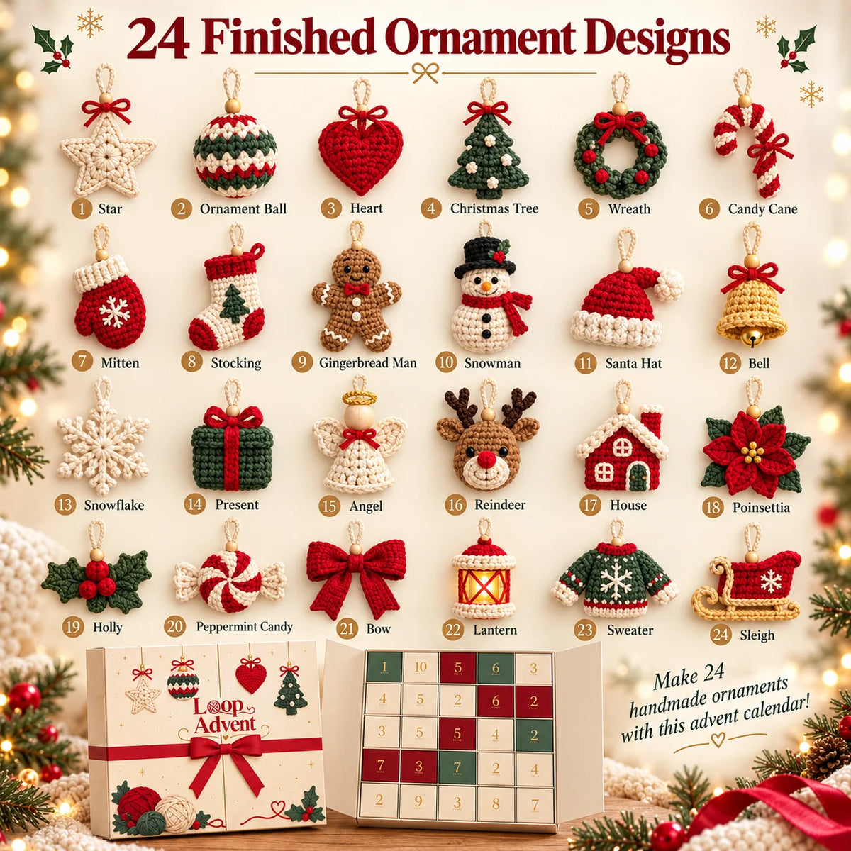 🎄 24-Day Crochet Christmas Advent Calendar™ – 24 Surprise DIY Ornament Kits to Make & Hang 🧶