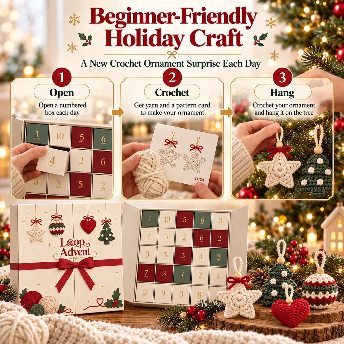 🎄 24-Day Crochet Christmas Advent Calendar– 24 Surprise DIY Ornament Kits to Make & Hang 🧶