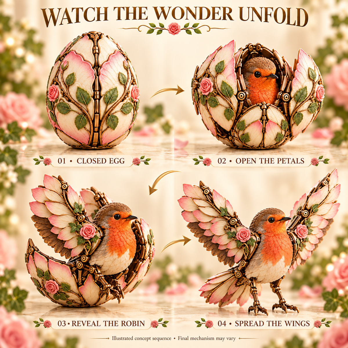 Rosewing Robin – 2-in-1 Rose Egg to Mechanical Bird Transforming Figure🌹🐦