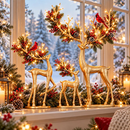 ✨ Cardinal Woodland Reindeer– Lighted Golden Christmas Deer Decorations