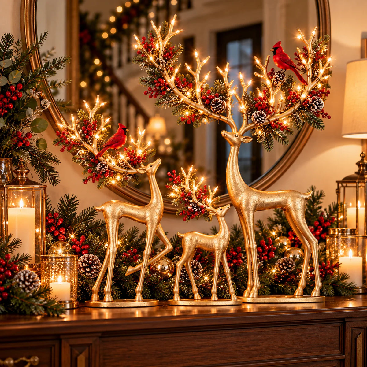✨ Cardinal Woodland Reindeer– Lighted Golden Christmas Deer Decorations
