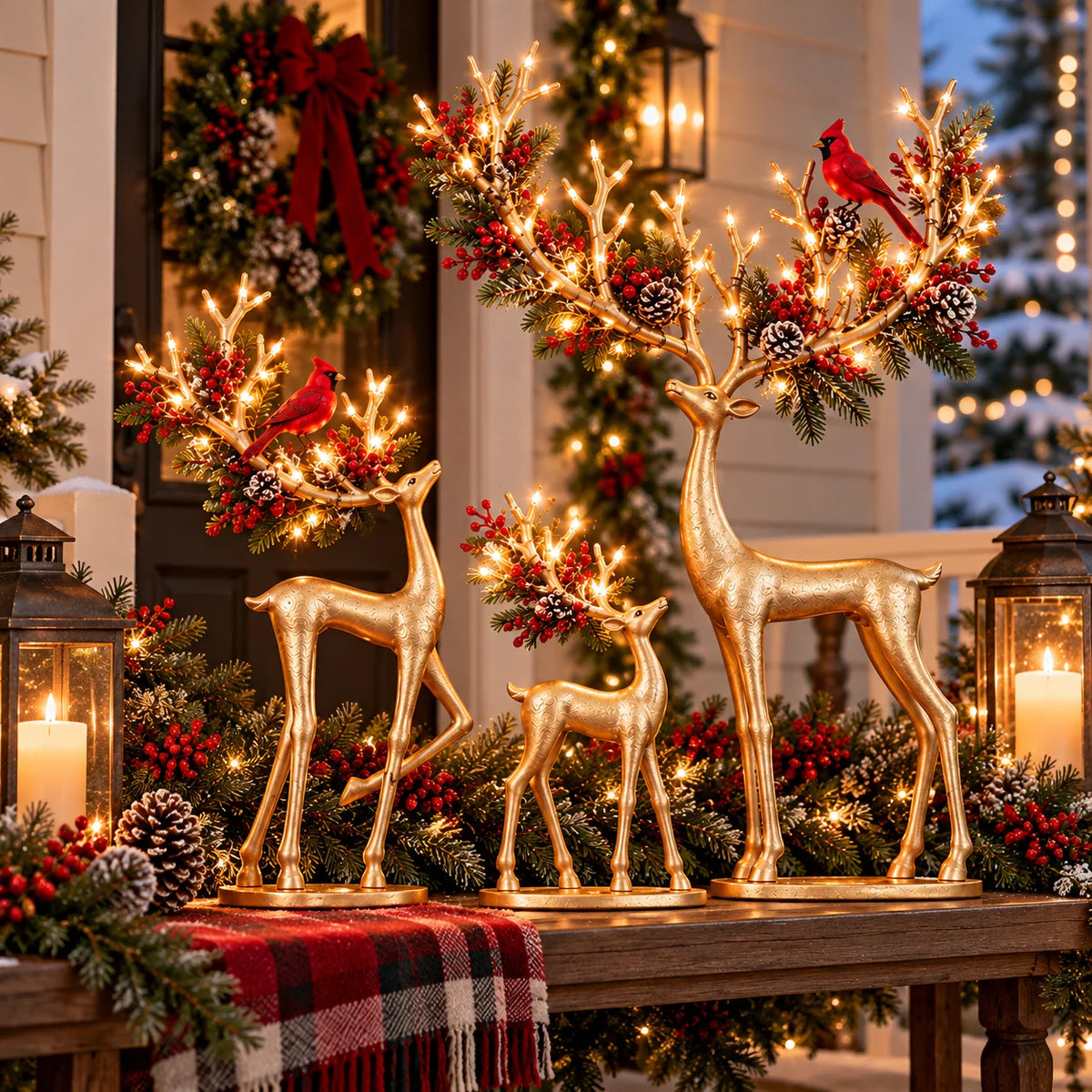 ✨ Cardinal Woodland Reindeer– Lighted Golden Christmas Deer Decorations