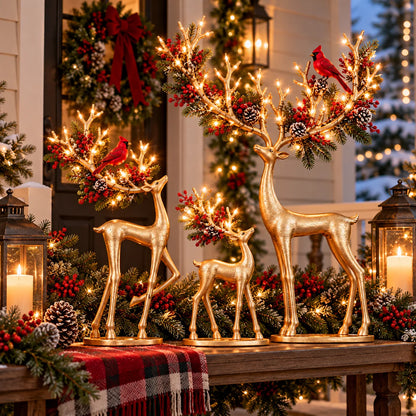 ✨ Cardinal Woodland Reindeer– Lighted Golden Christmas Deer Decorations