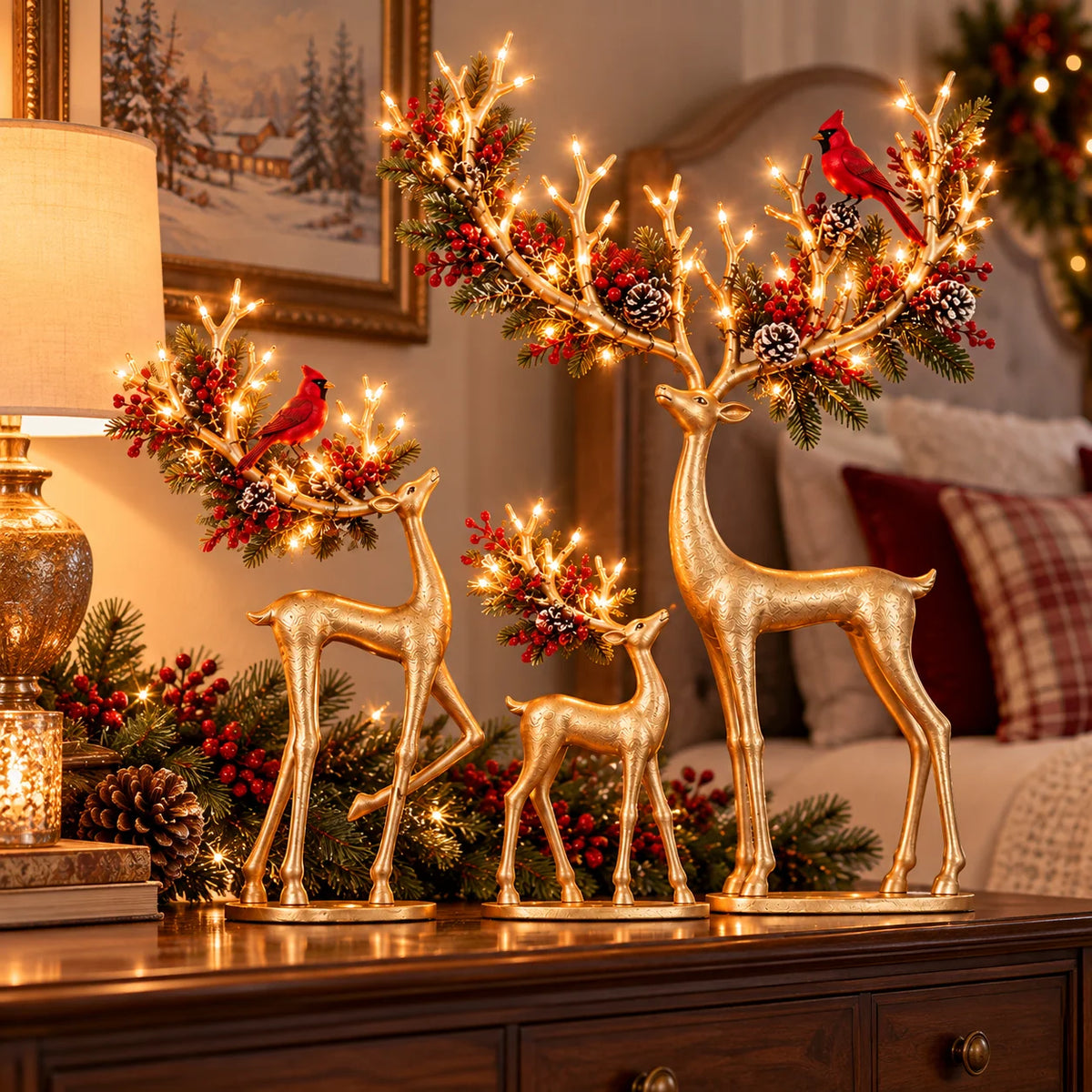 ✨ Cardinal Woodland Reindeer– Lighted Golden Christmas Deer Decorations