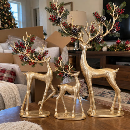 ✨ Cardinal Woodland Reindeer– Lighted Golden Christmas Deer Decorations