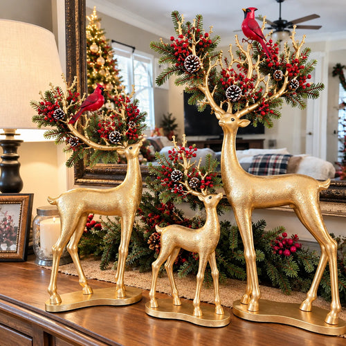 ✨ Cardinal Woodland Reindeer– Lighted Golden Christmas Deer Decorations