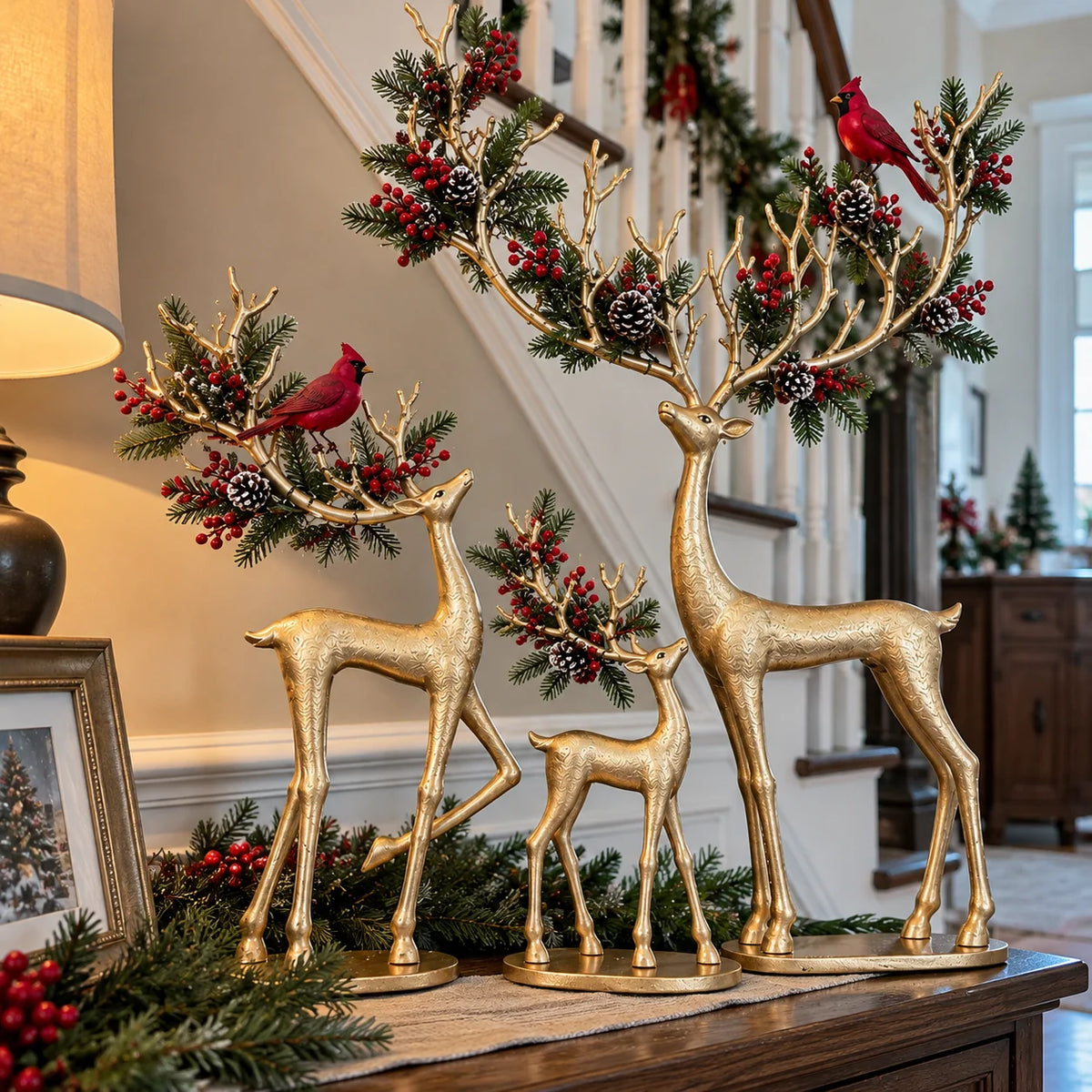 ✨ Cardinal Woodland Reindeer– Lighted Golden Christmas Deer Decorations