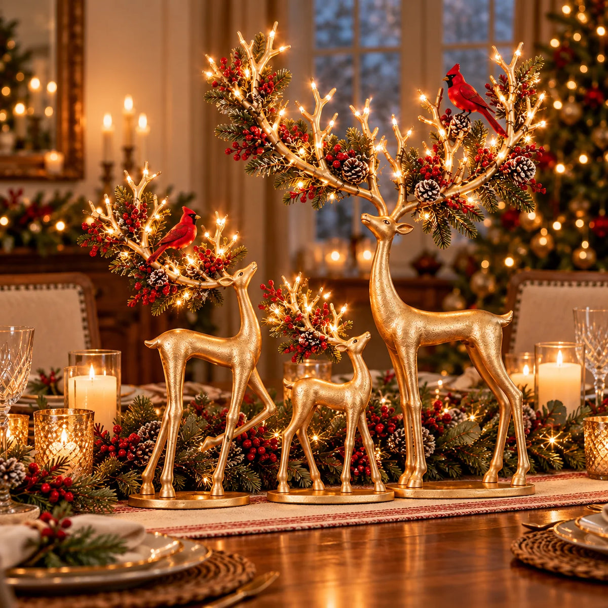 ✨ Cardinal Woodland Reindeer– Lighted Golden Christmas Deer Decorations