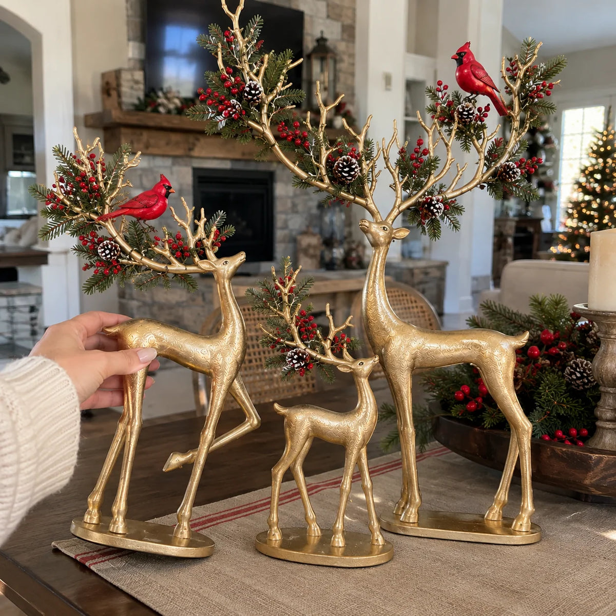 ✨ Cardinal Woodland Reindeer– Lighted Golden Christmas Deer Decorations