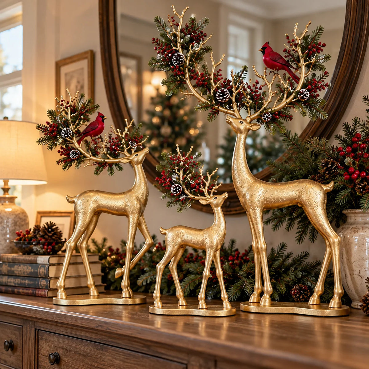 ✨ Cardinal Woodland Reindeer– Lighted Golden Christmas Deer Decorations