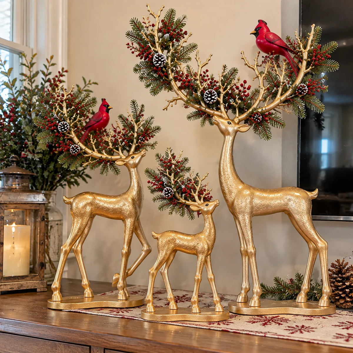 ✨ Cardinal Woodland Reindeer– Lighted Golden Christmas Deer Decorations