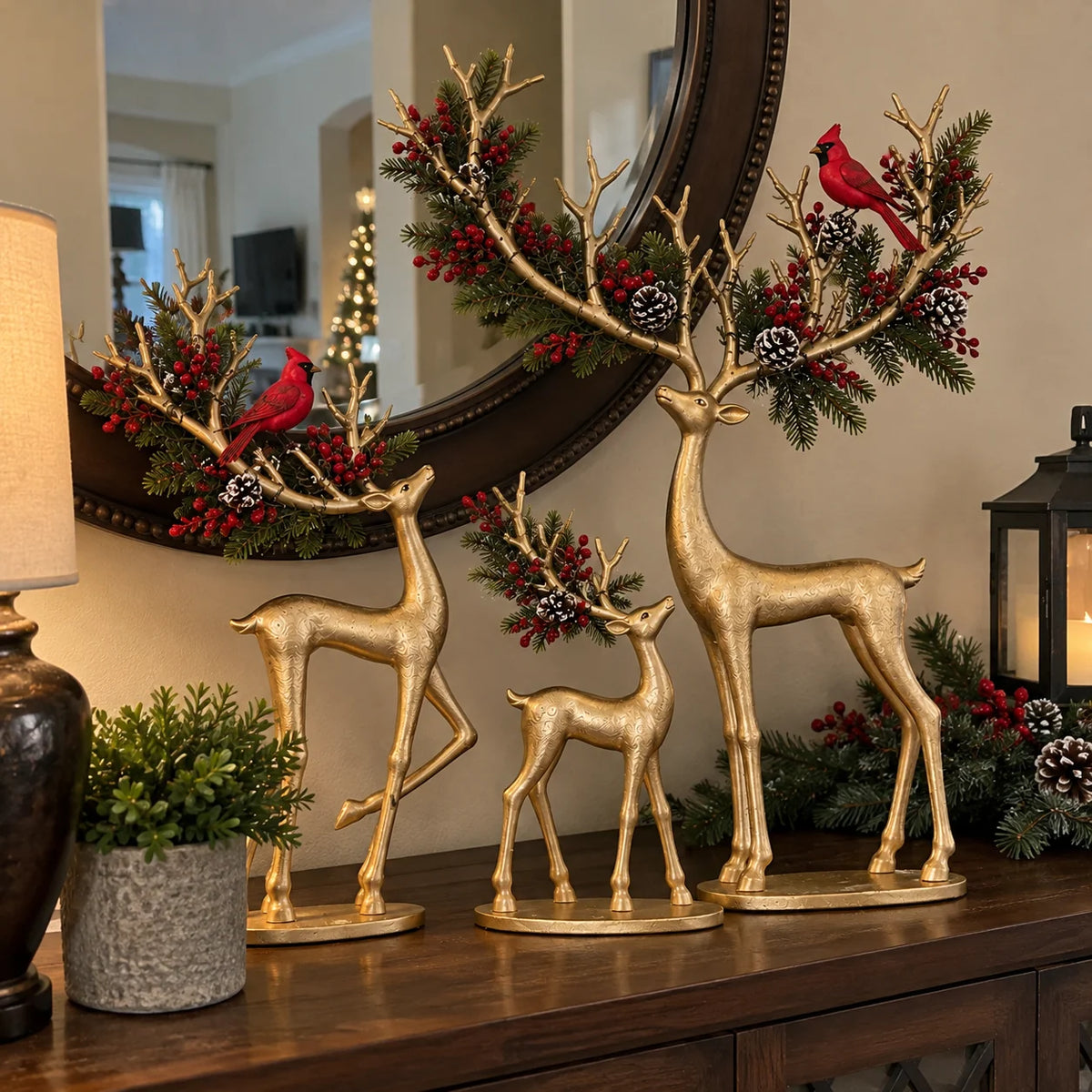 ✨ Cardinal Woodland Reindeer– Lighted Golden Christmas Deer Decorations