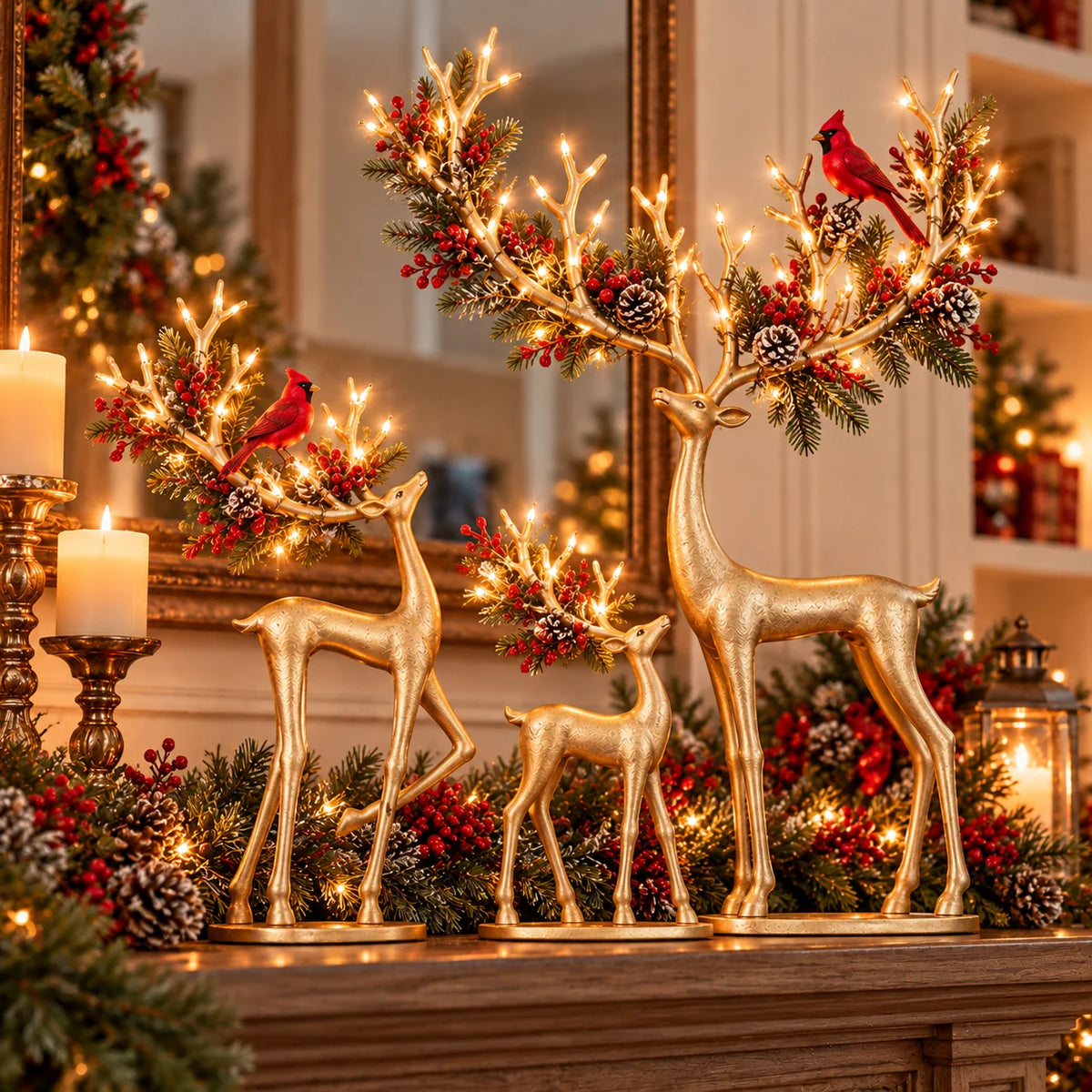 ✨ Cardinal Woodland Reindeer– Lighted Golden Christmas Deer Decorations