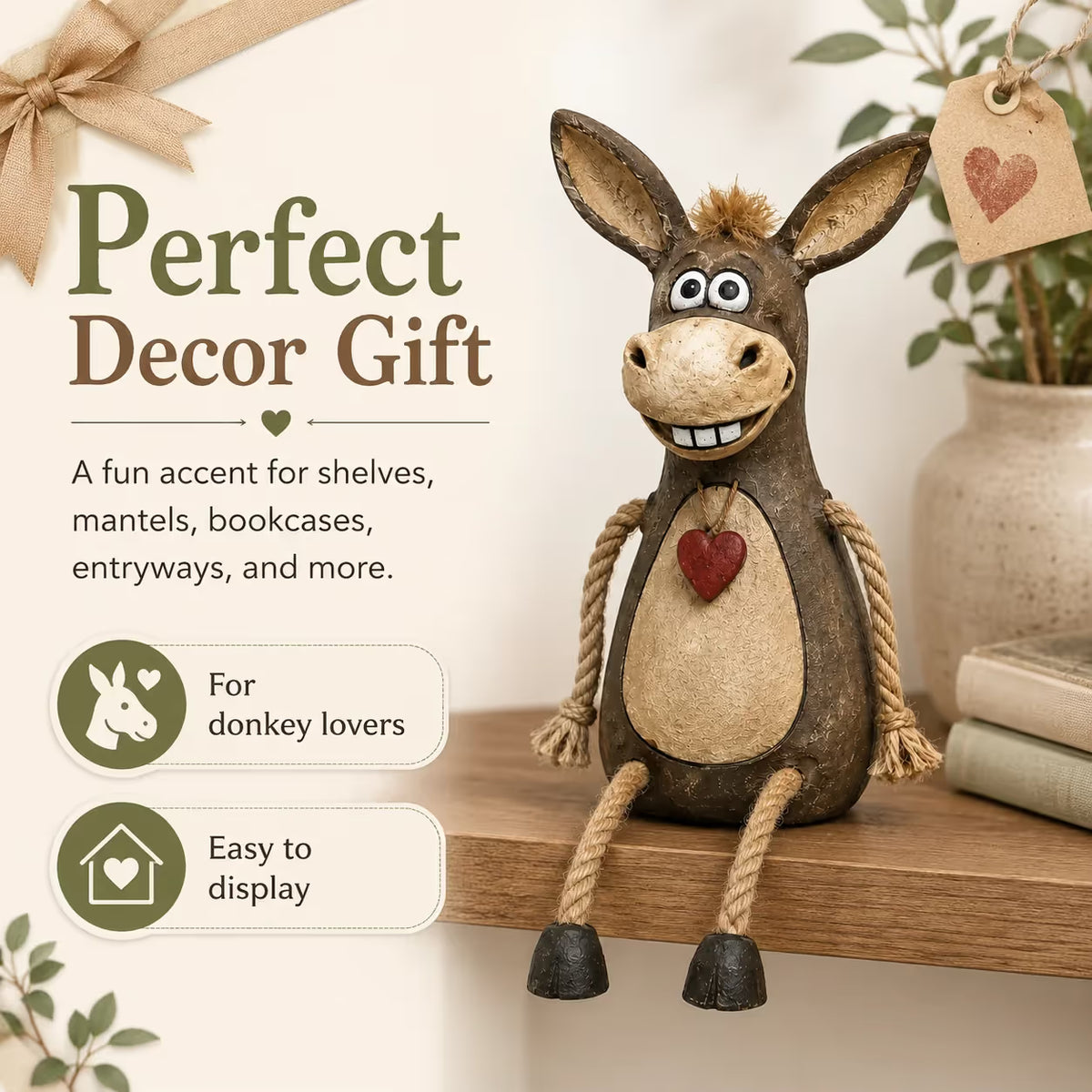 Rustic Donkey Shelf Sitter Figurine with Dangling Rope Legs