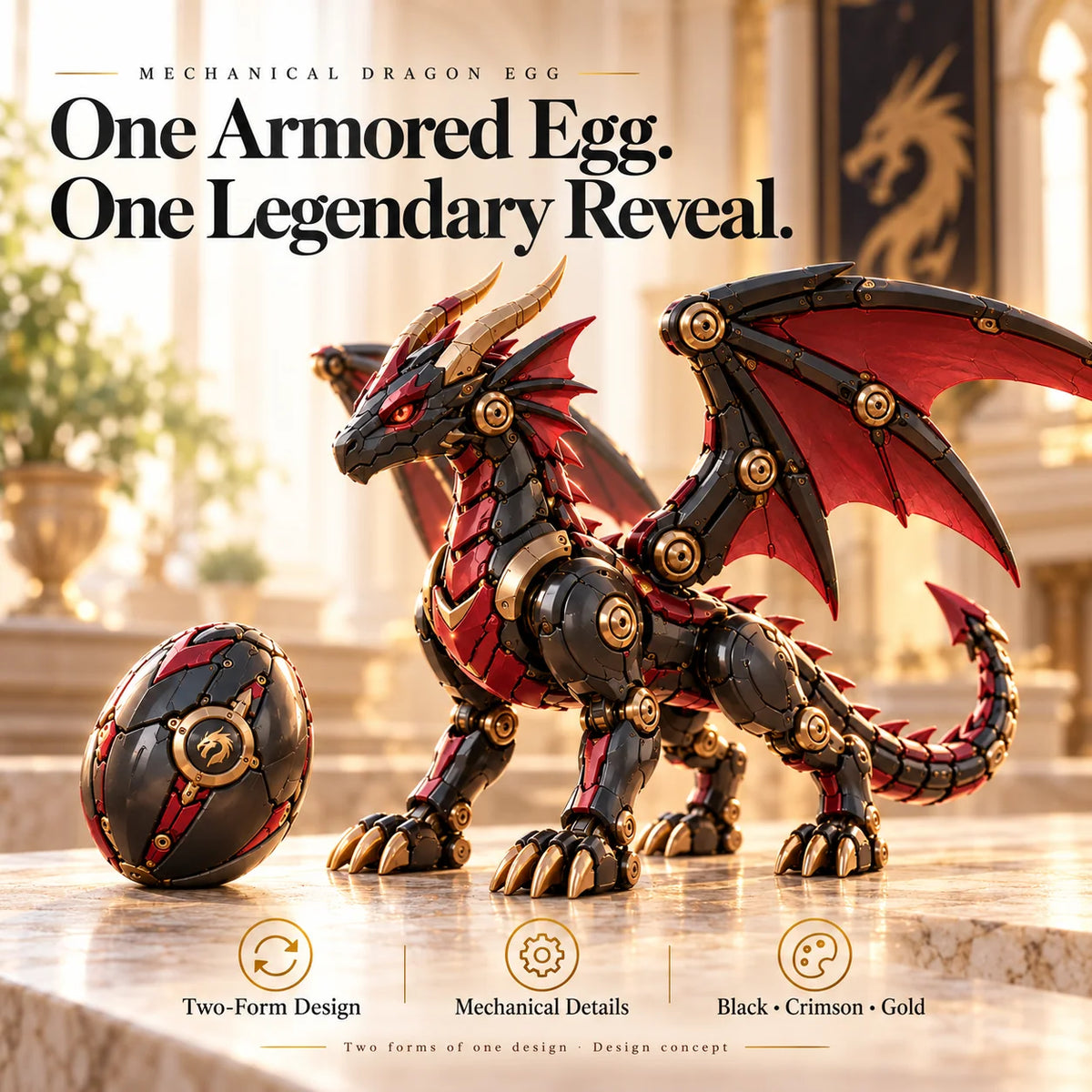 🔥🐉 Mechanical Dragon Egg – Black & Crimson Dragon With Folding Wings & Armored Details