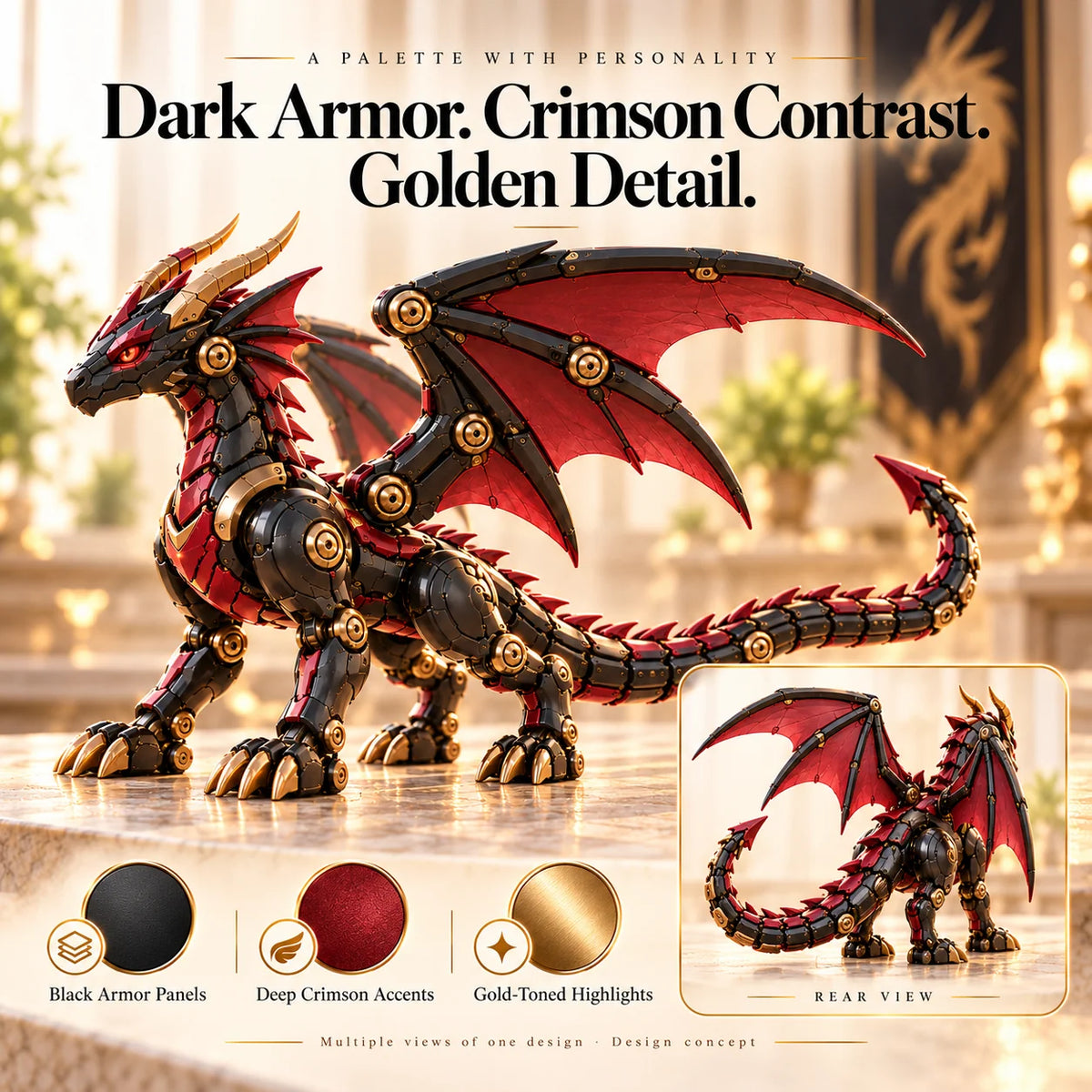 🔥last Day 49% Off -🐉 Mechanical Dragon Egg – Black & Crimson Dragon With Folding Wings & Armored Details