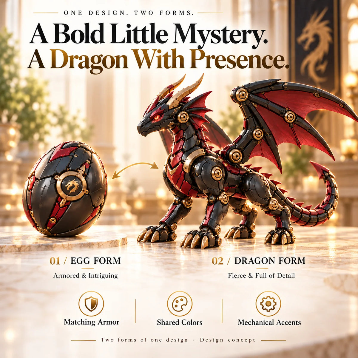 🔥🐉 Mechanical Dragon Egg – Black & Crimson Dragon With Folding Wings & Armored Details