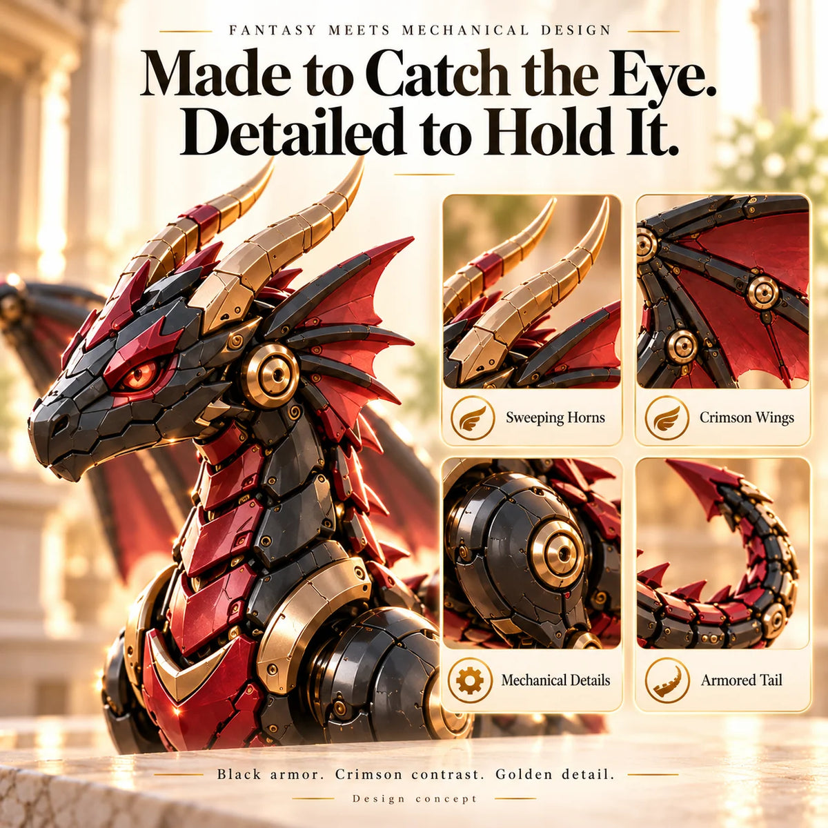 🔥🐉 Mechanical Dragon Egg – Black & Crimson Dragon With Folding Wings & Armored Details