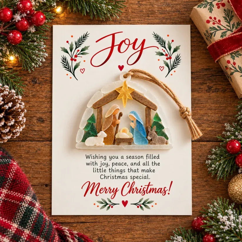 ✨joy Nativity Sea Glass Christmas Ornament With Greeting Card