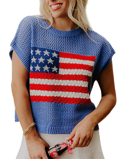 🔥Women's Flag Graphic Hollow Out Short Sleeve Top