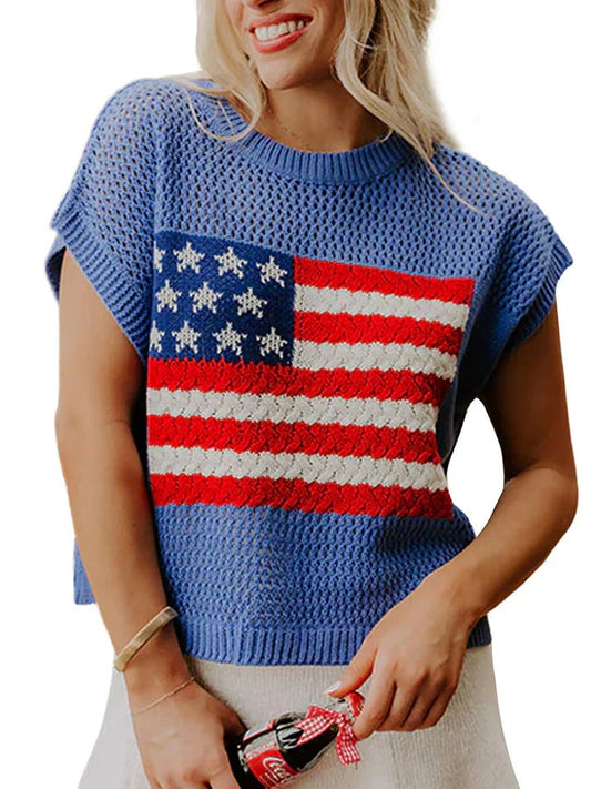 🔥Women's Flag Graphic Hollow Out Short Sleeve Top