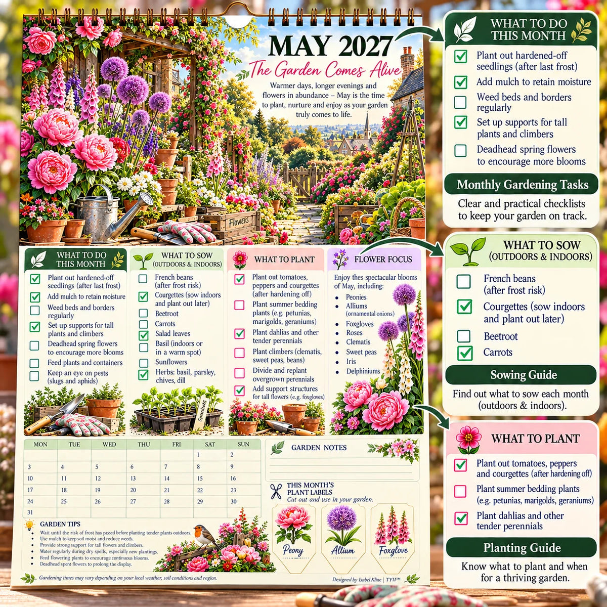 2027 Four Seasons Gardening Calendar & Monthly Planner – A4 Wall Calendar with Planting Guide, Garden Tasks & Plant Labels