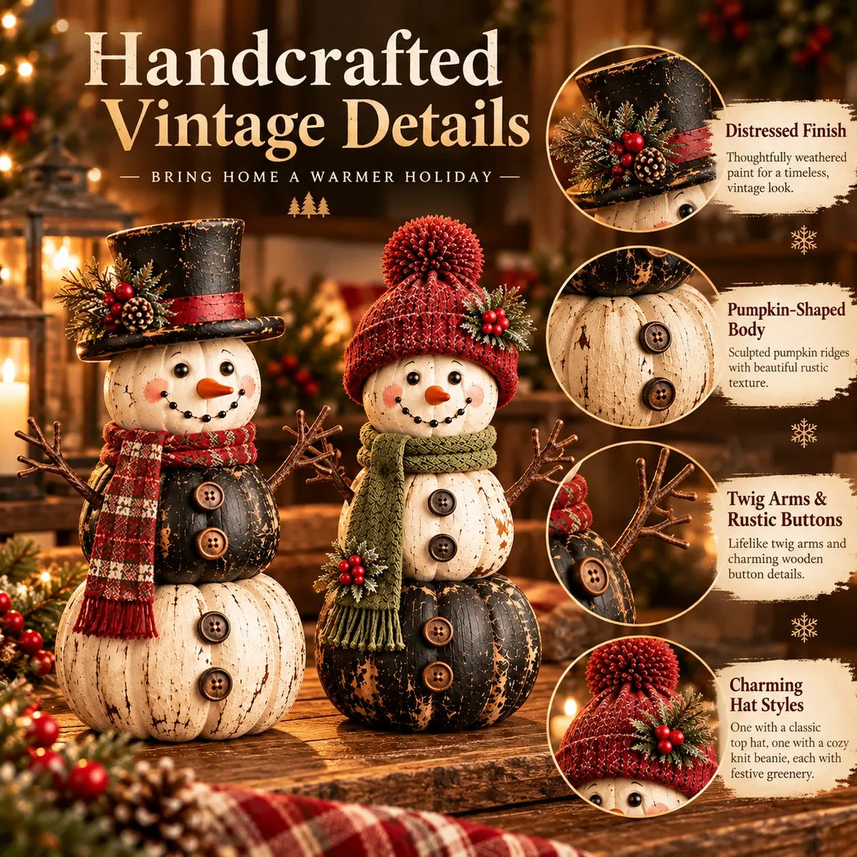 ☃️ Vintage Pumpkin Snowman Duo – Rustic Black & Ivory Farmhouse Christmas Figurines